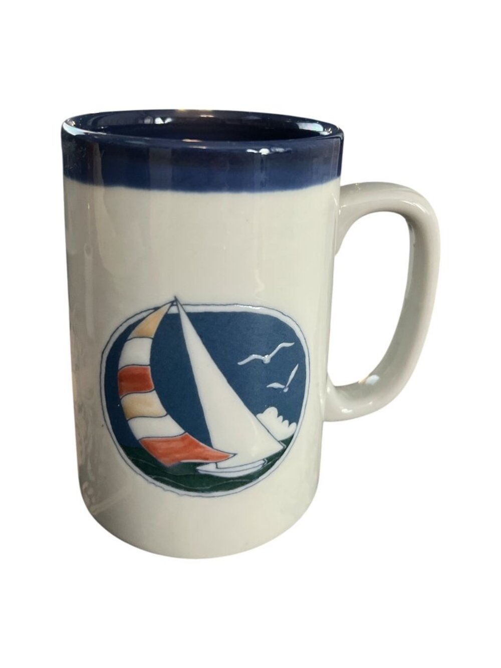 Vintage Otagiri Sailboat Tankard Mug Blue Nautical Coffee Cup with Original Reci